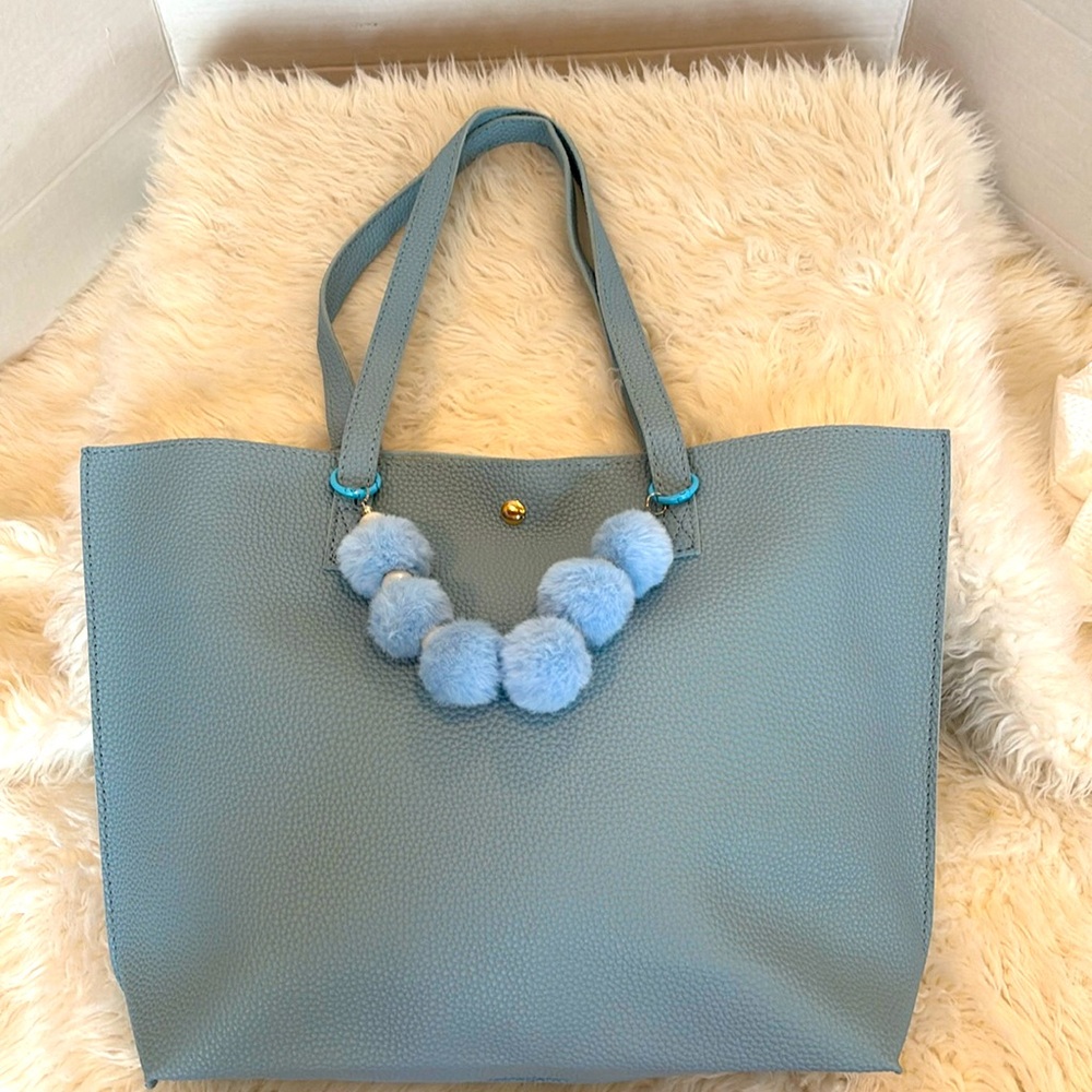 Blue Tote Bag with Tassel and 2 Fur Pom Charms/Keyrings NWOT